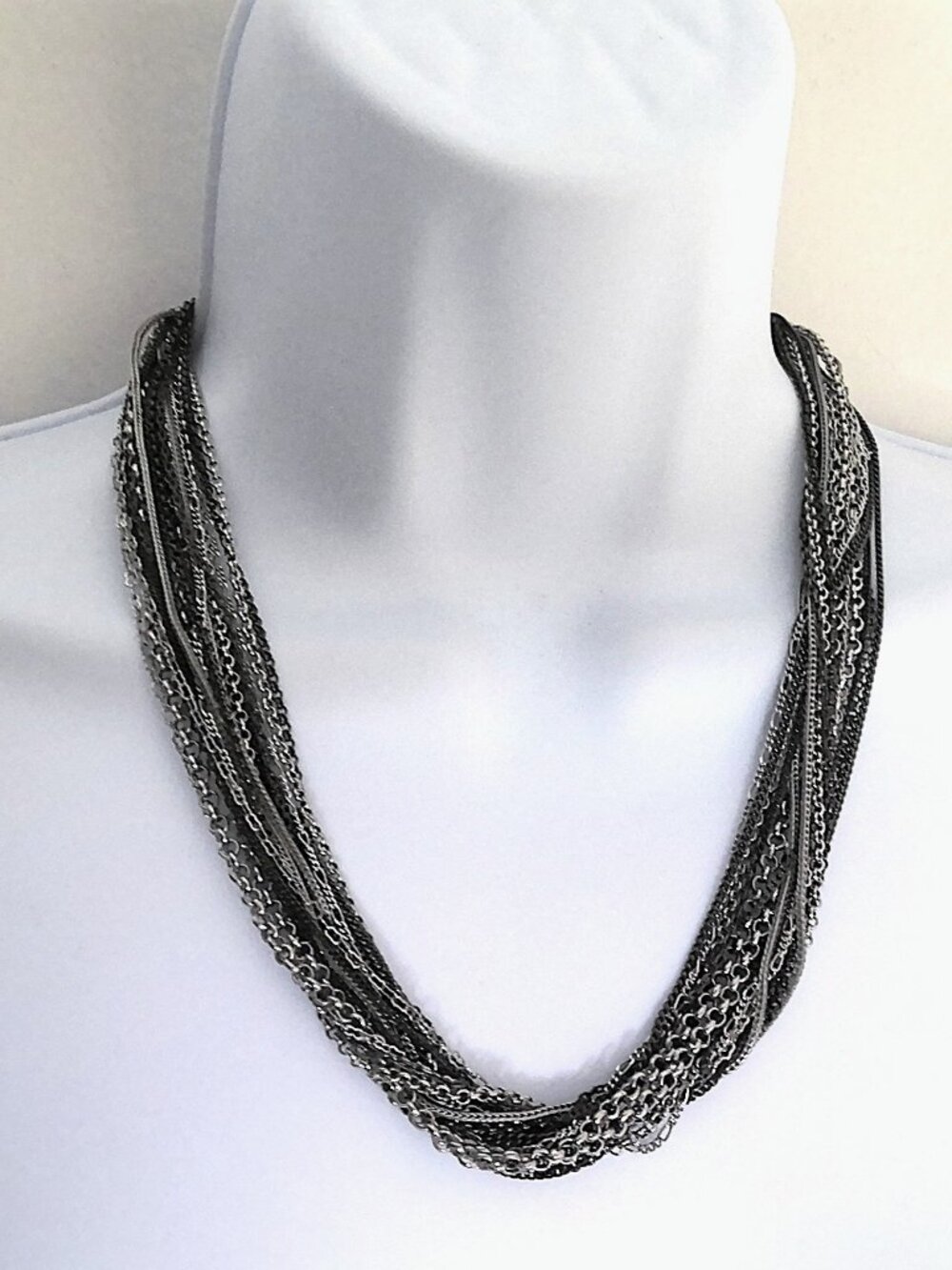 Multi Strand Chain Necklace Lobster Claw Clasp Gunmetal Silver Tone Mixed Metal
